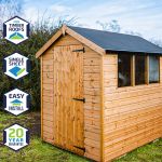 Apex shed with a Skyguard EPDM roof and badges reading single sheet, easy install, 20 year guarantee