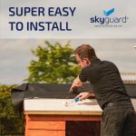 Rolling deck adhesive onto a shed roof with the text super easy to install and Skyguard logo