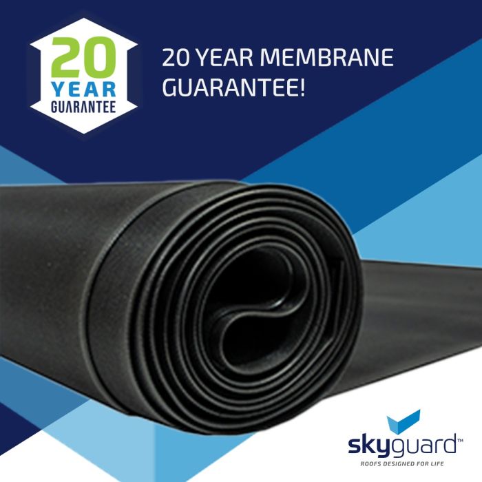 Roll of Skyguard EPDM rubber membrane with the text 20 year membrane guarantee