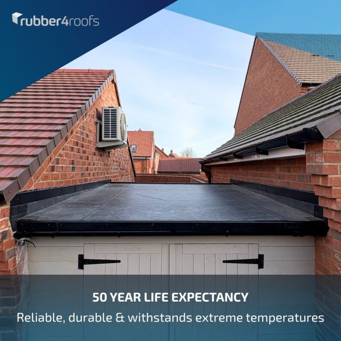 ClassicBond EPDM rubber roof fitted to a double garage with the text 50 year life expectancy