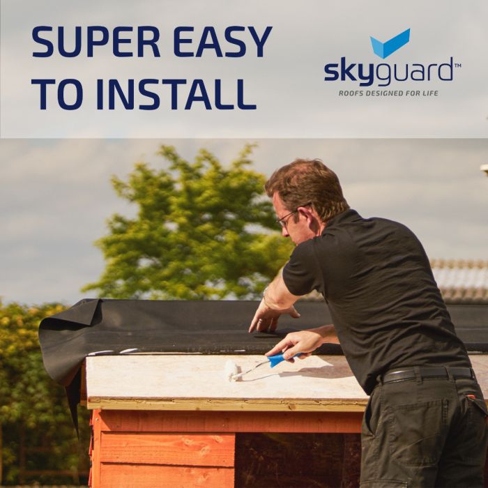 Rolling deck adhesive onto a shed roof with the text super easy to install and Skyguard logo